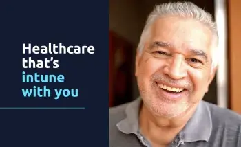 A smiling older man with a text on the left that reads Health Care that's intune with you